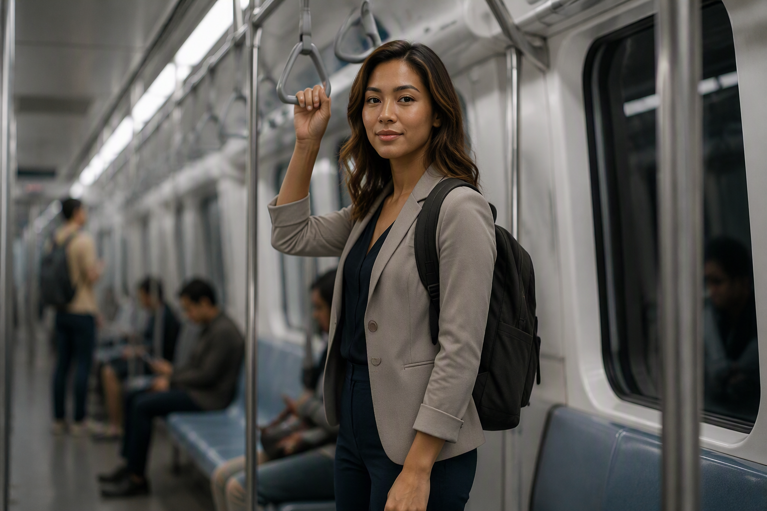 Therapist standing on a train with a stable stance and backpack carried evenly on both shoulders.