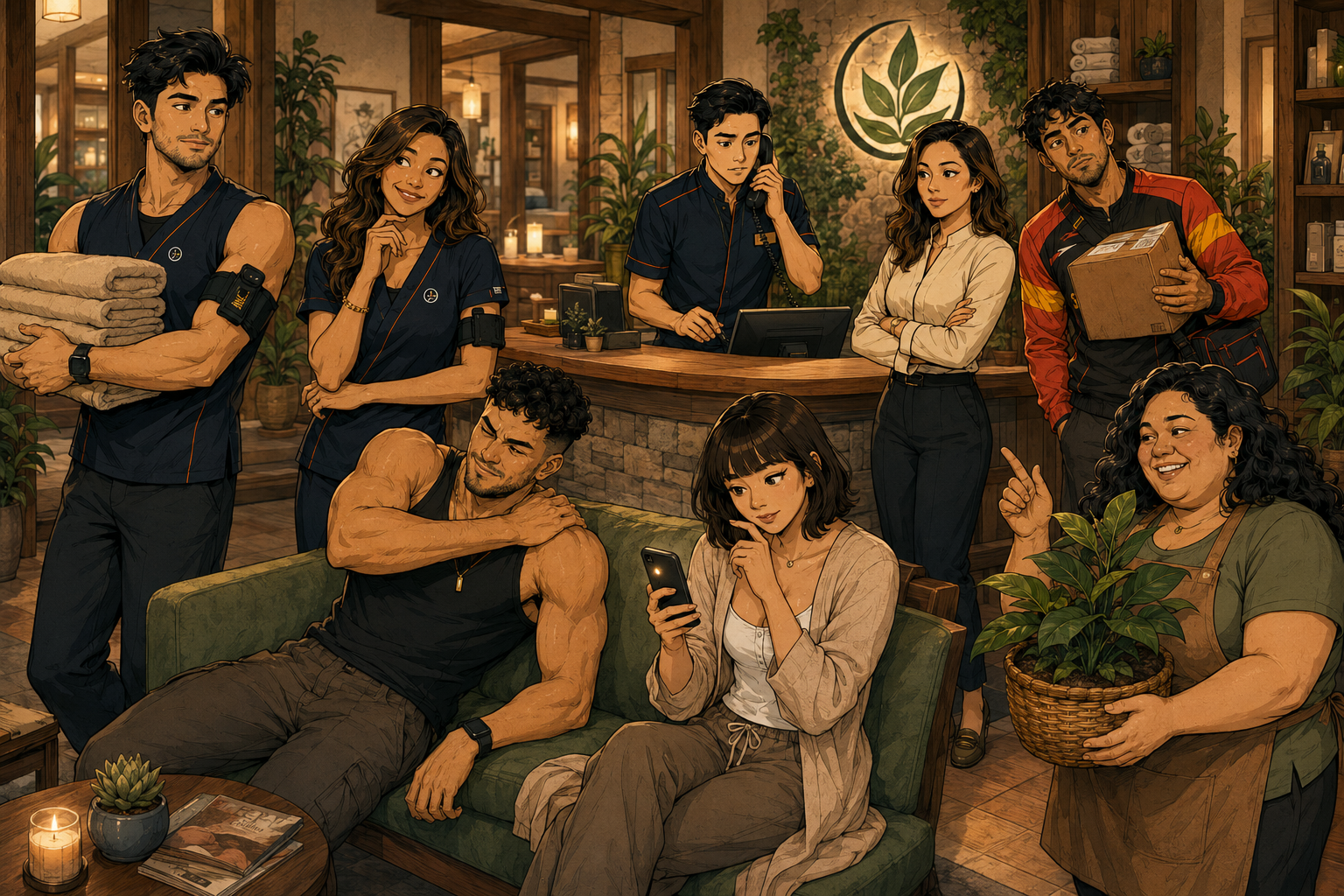 The eight Resting Leaf cast members interacting inside the fictional spa.
