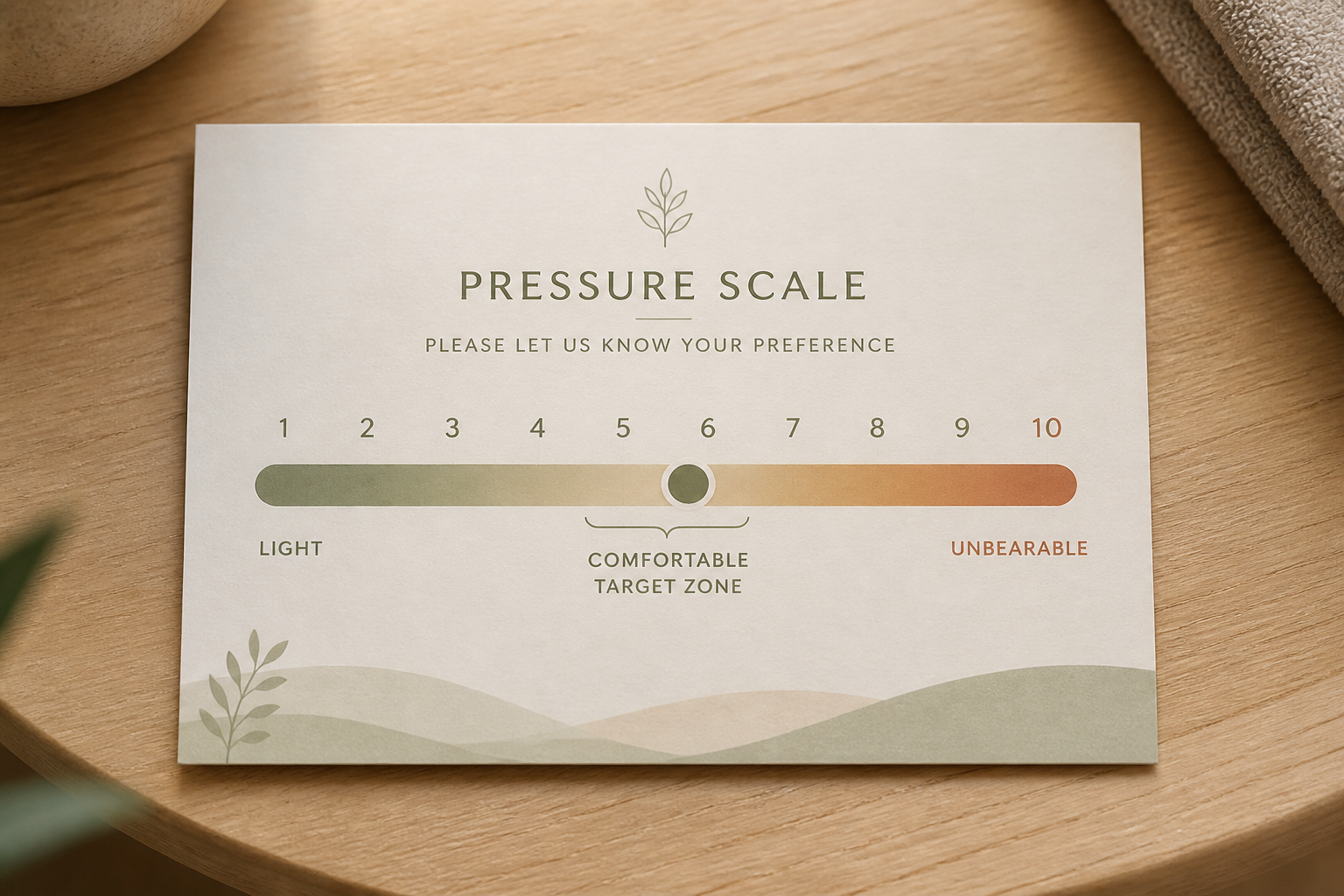 A simple graphic pressure scale card numbered one to ten, with a marker indicating a comfortable target zone around five to six, resting on a wooden side table. Caption Text: Agree on a number before you start.
