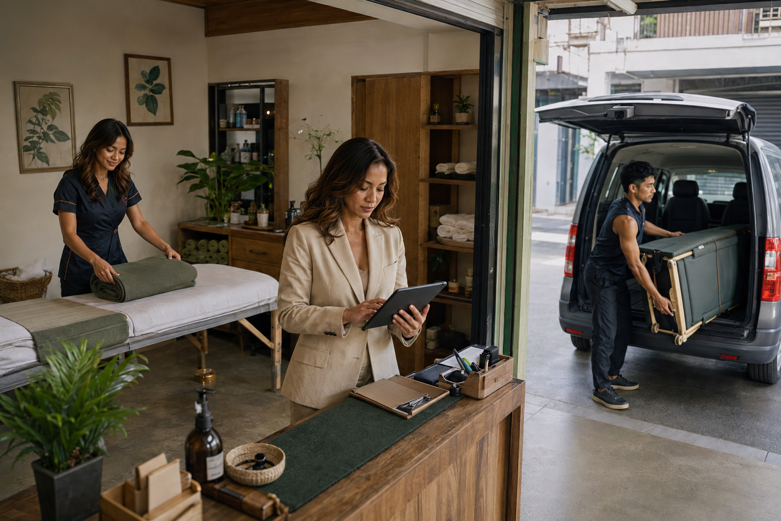 A massage business operating a physical spa and home-service dispatch at the same time.