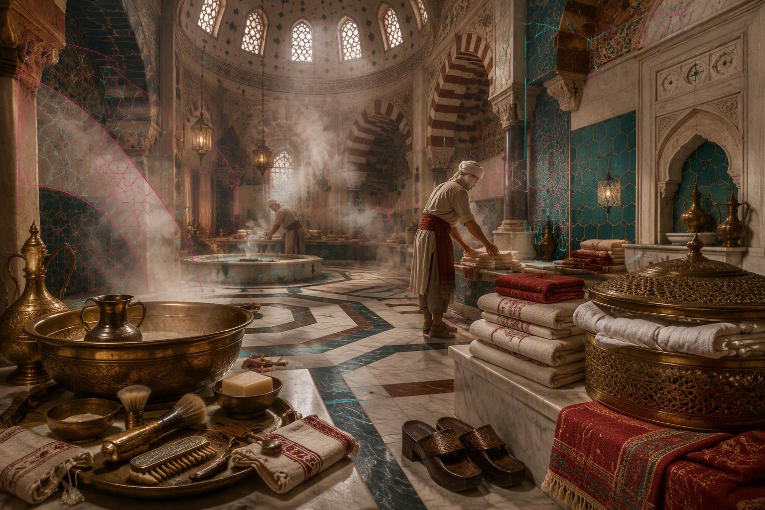 Editorial illustration of an Ottoman hammam with brass basins, embroidered towels, clogs, and attendants.