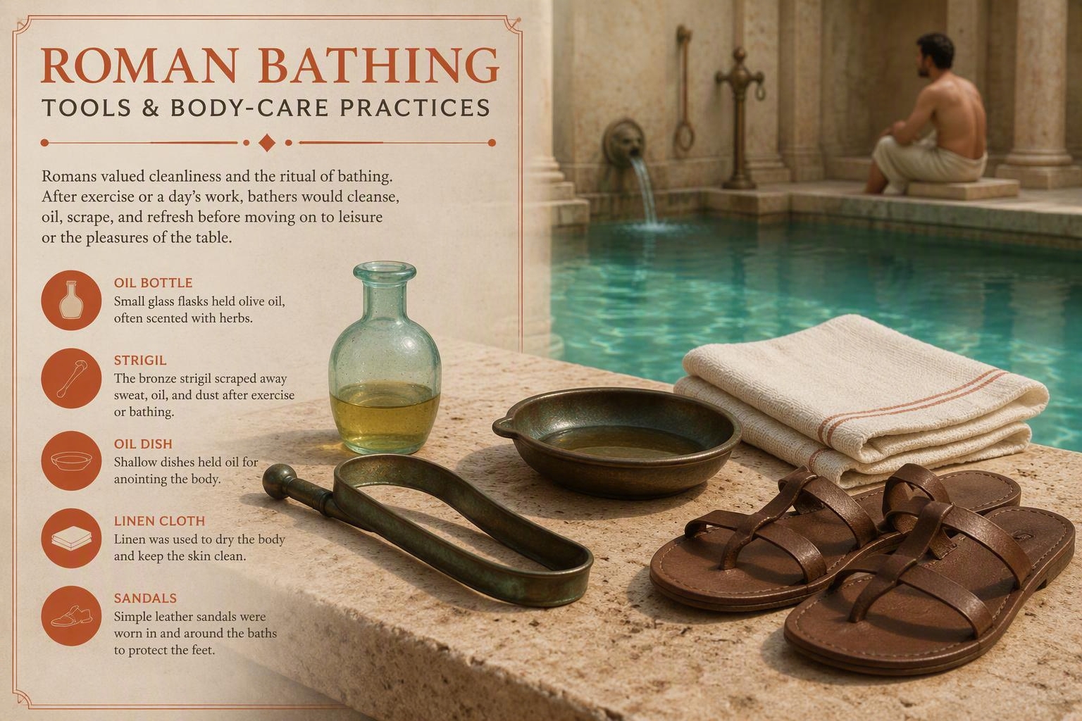 Illustration of a Roman bath kit with an oil bottle, bronze strigil, linen, and sandals.