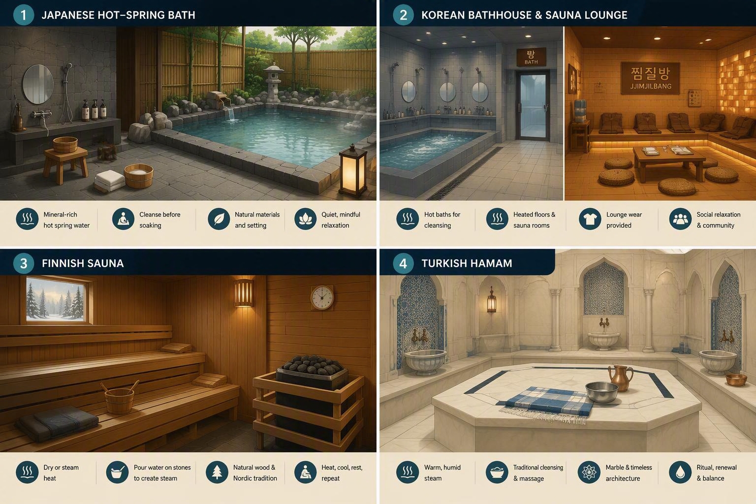 Four-panel graphic comparing Japanese onsen, Korean jjimjilbang, Finnish sauna, and Turkish hamam environments.