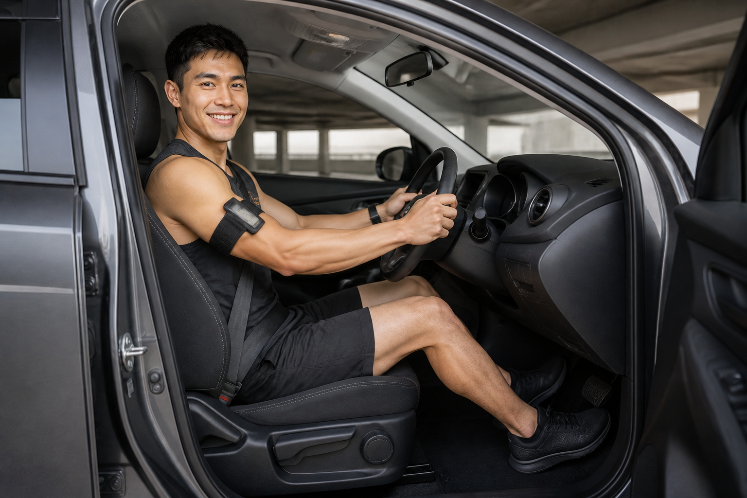 Therapist adjusting a parked car seat to support his lower back and reach the controls comfortably.