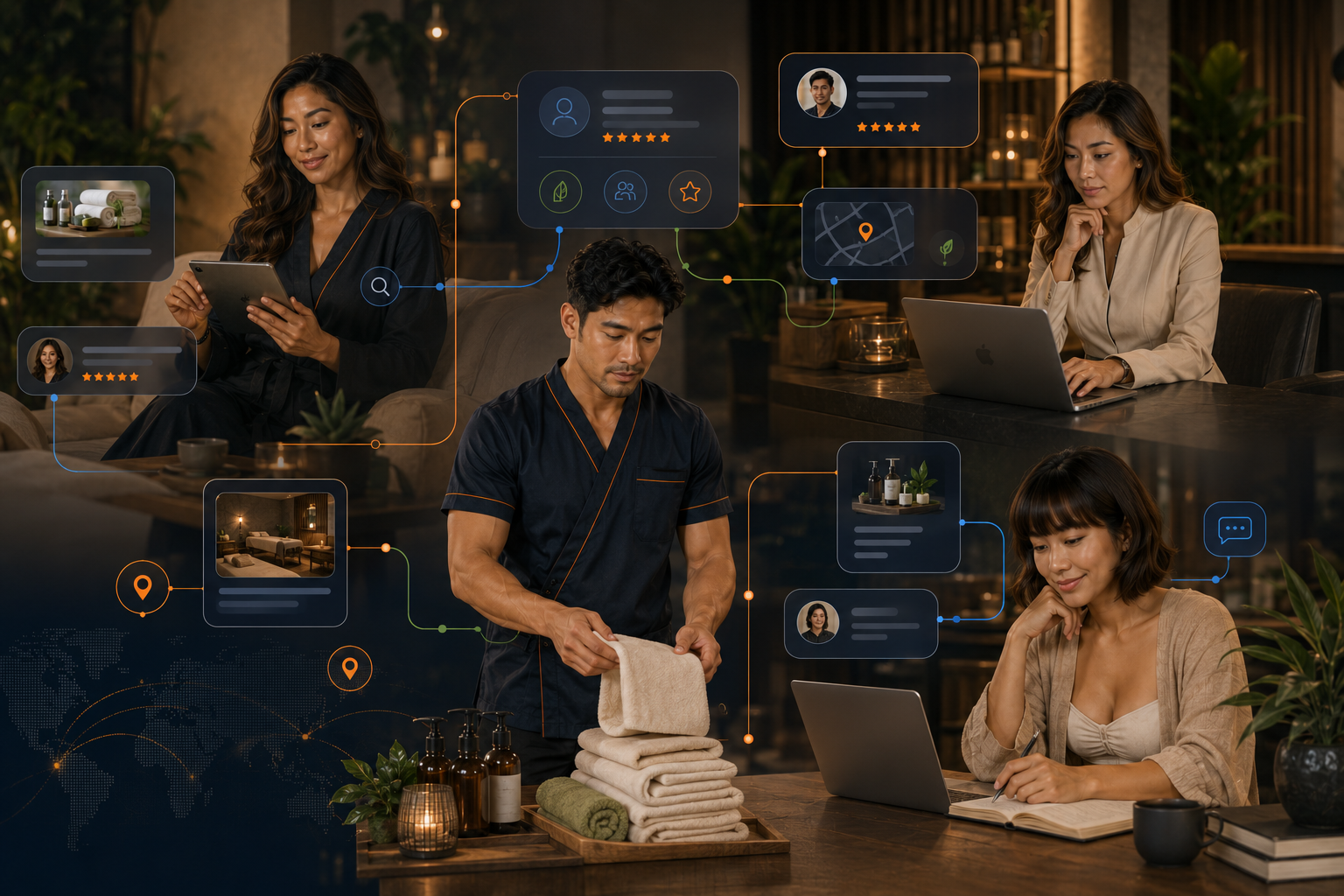 A client, massage professional, spa representative, and content contributor work in connected wellness settings while digital lines link profiles, reviews, services, maps, articles, and communication tools.