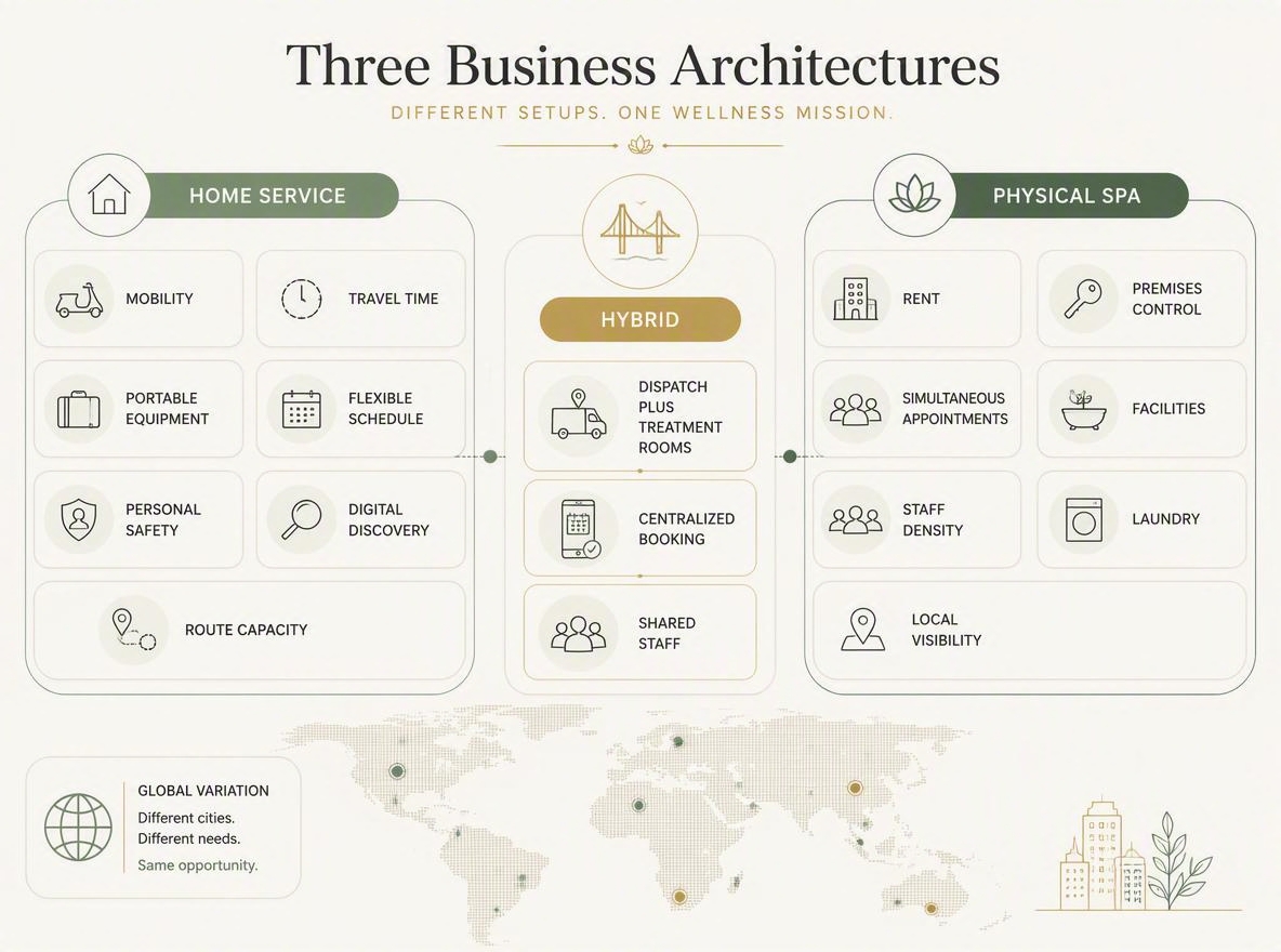 Card-style infographic comparing home-service, physical-spa, and hybrid massage business structures.