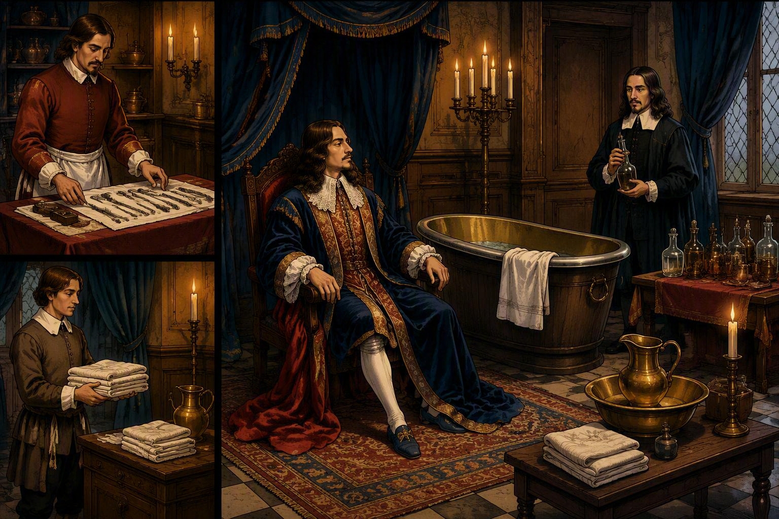 Historical illustration of a ruler attended by medical and household staff in a seventeenth-century chamber.
