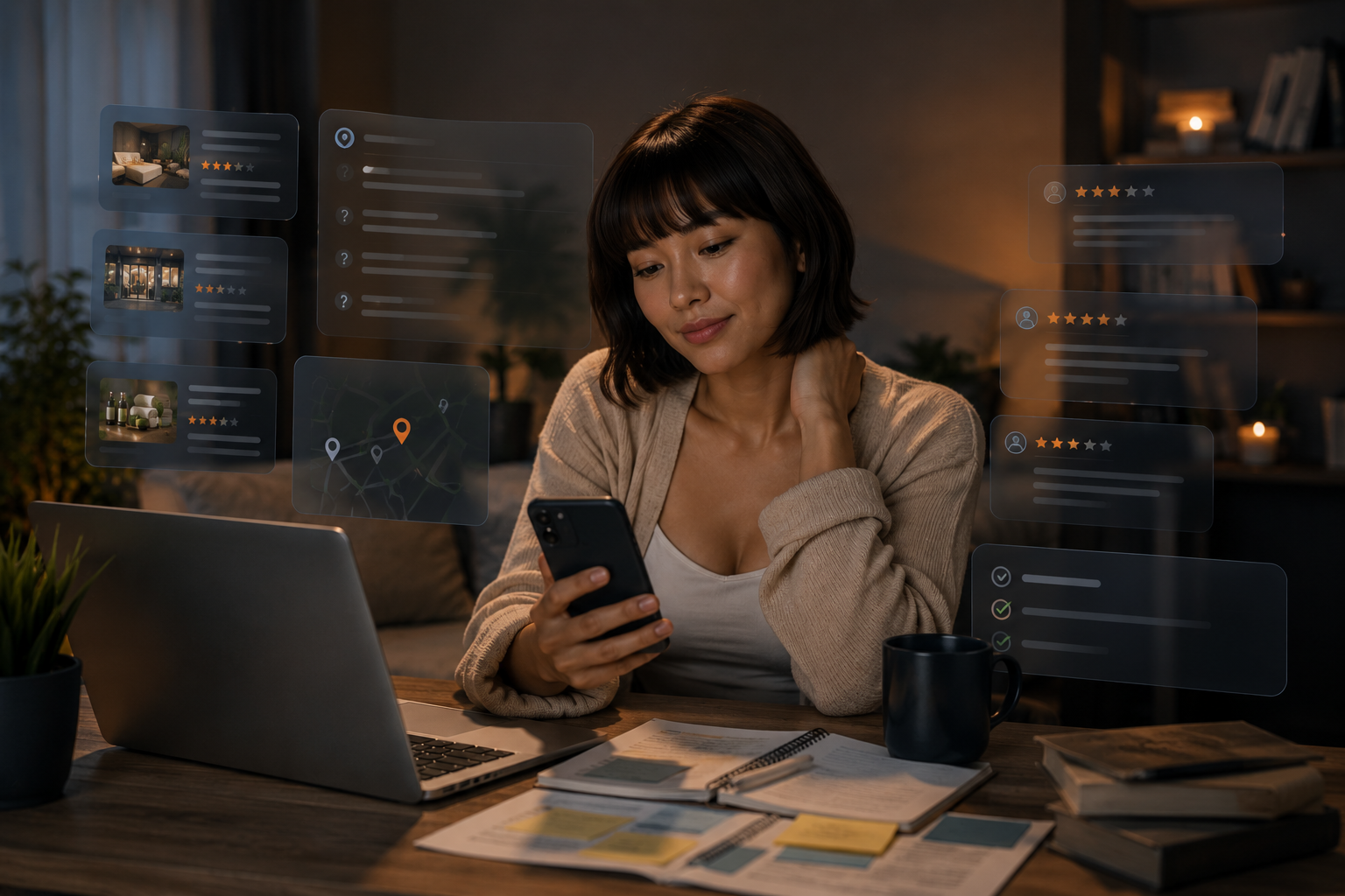 A person at home compares massage and spa options on a phone and laptop while floating panels show mixed ratings, incomplete listings, maps, reviews, and service information.
